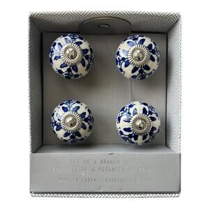 Set of 4 Blue & White Ceramic Drawer Knobs Floral Design